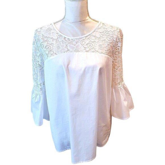 Marc New York White Stylish Evening Blouse with Lace and Bell Sleeves in Size L - Picture 1 of 4